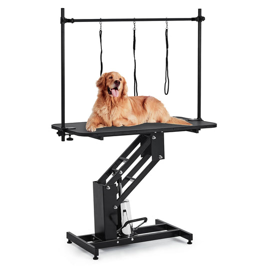 43.3" Hydraulic Dog Grooming Table for Pet, Heavy Duty Structural Hydraulic Max Load 350Lbs Professional Pet Grooming Table with Adjustable Overhead Arm & Noose Height Range 22''-39'' (BLACK)