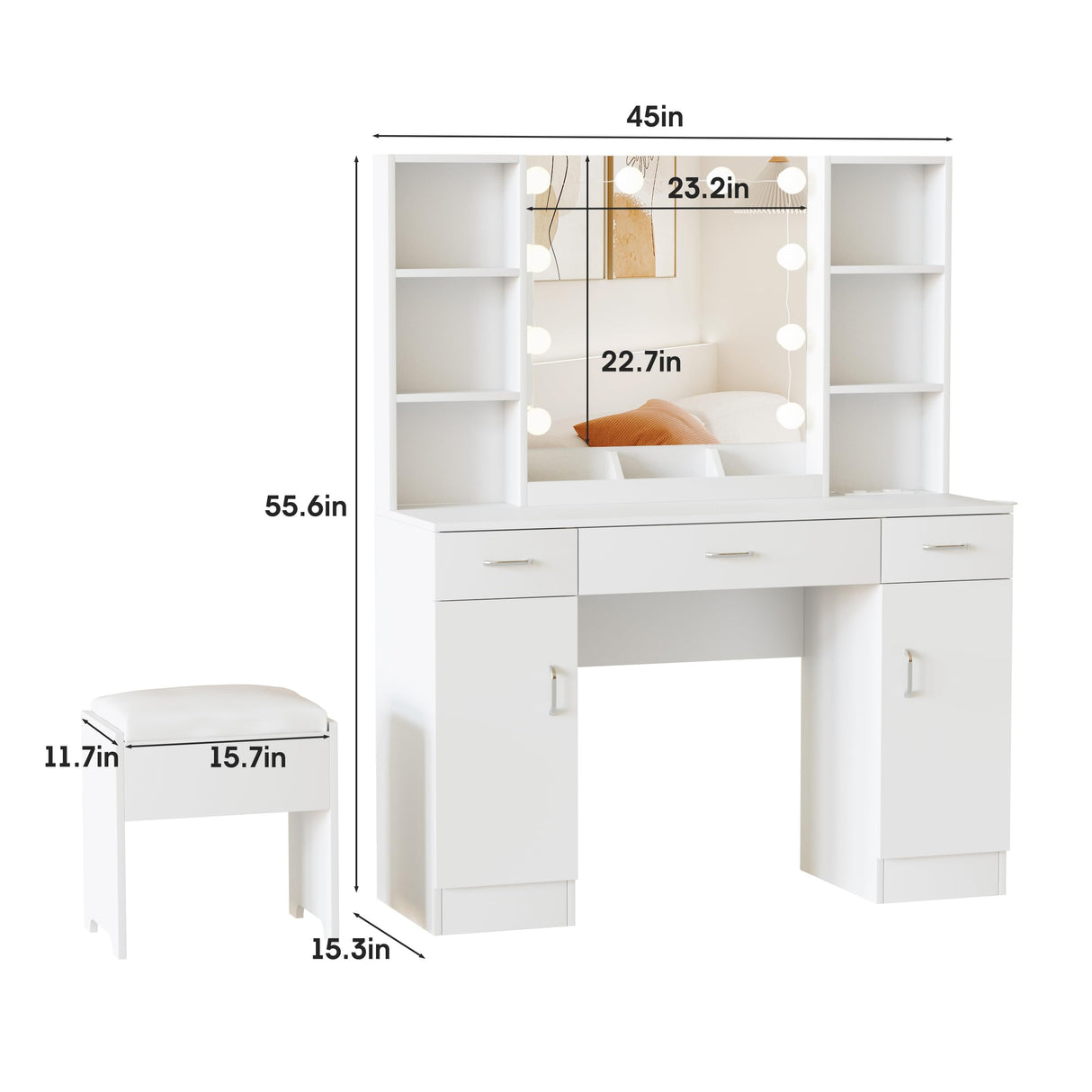 Halitaa Makeup Vanity Table with Lighted Mirror & Outlets, Large Vanity Set Vanity Desk with Lots Storage, 3 Lighting Modes, Brightness Adjustable, 45inch Halitaa