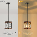 HOXIYA Farmhouse Pendant Light, 2 Pack Rustic Farmhouse Linear Chandelier with Wood and Metal Cage, Kitchen Island Pendant Light Adjustable Height for Dining Room Light Kitchen Island Bedroom HOXIYA