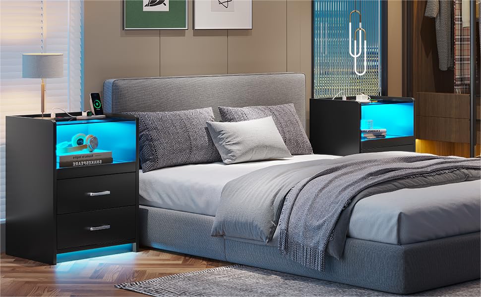AOGLLATI LED Nightstand Set of 2 with Charging Station, Night Stand with Pull-Out Shelf, 2 Drawers, Bedside Table with LED Lights, Modern End Table with USB Ports Outlets, 2 Pack, Black AOGLLATI