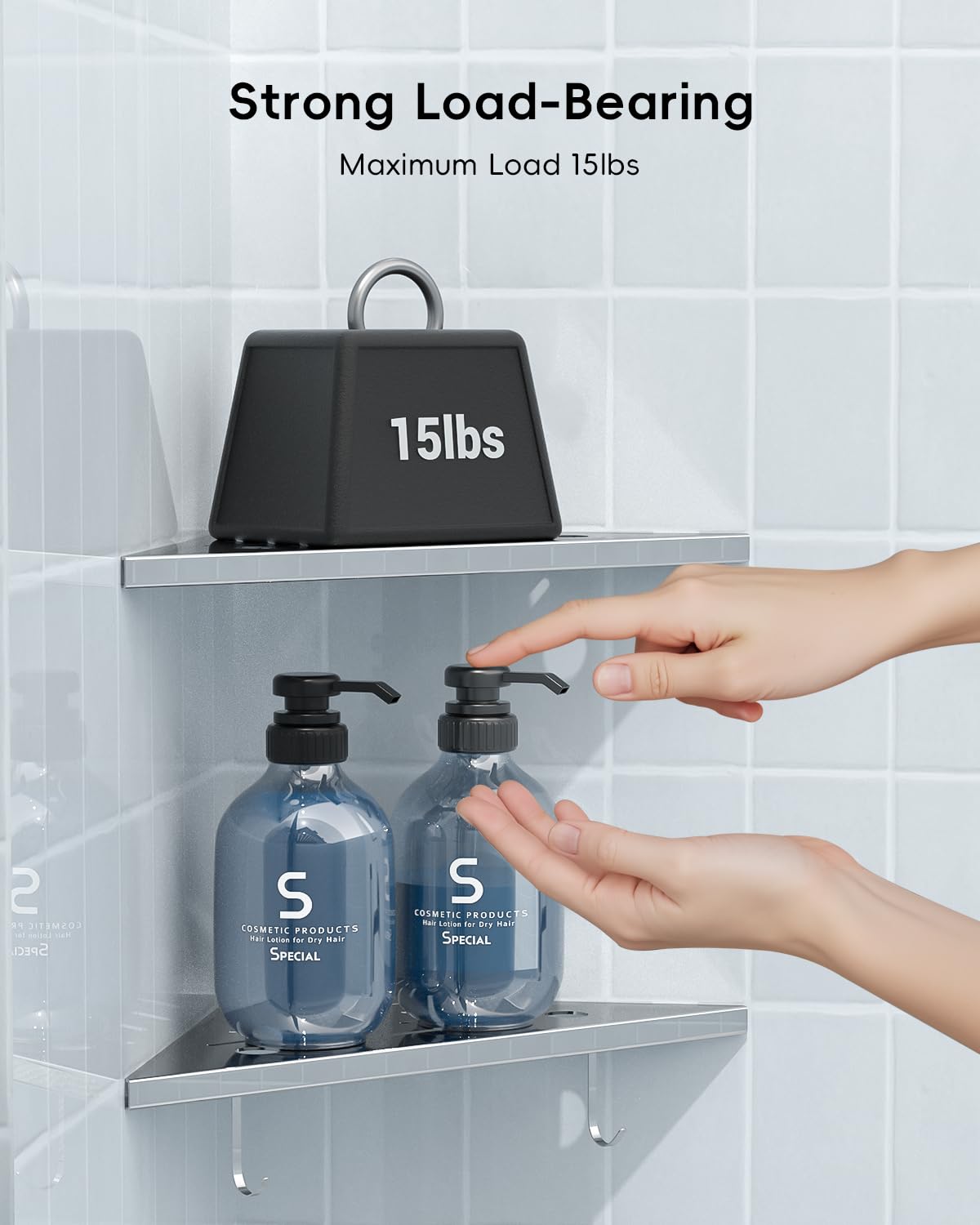 DAYONE 2 Pack Corner Shower Shelves 10", Chrome 304 Stainless Steel Recessed Bathroom Shelf with Razor Holding Hole and 2 Hools, for Tiled Wall No Drilling Needed DAYONE