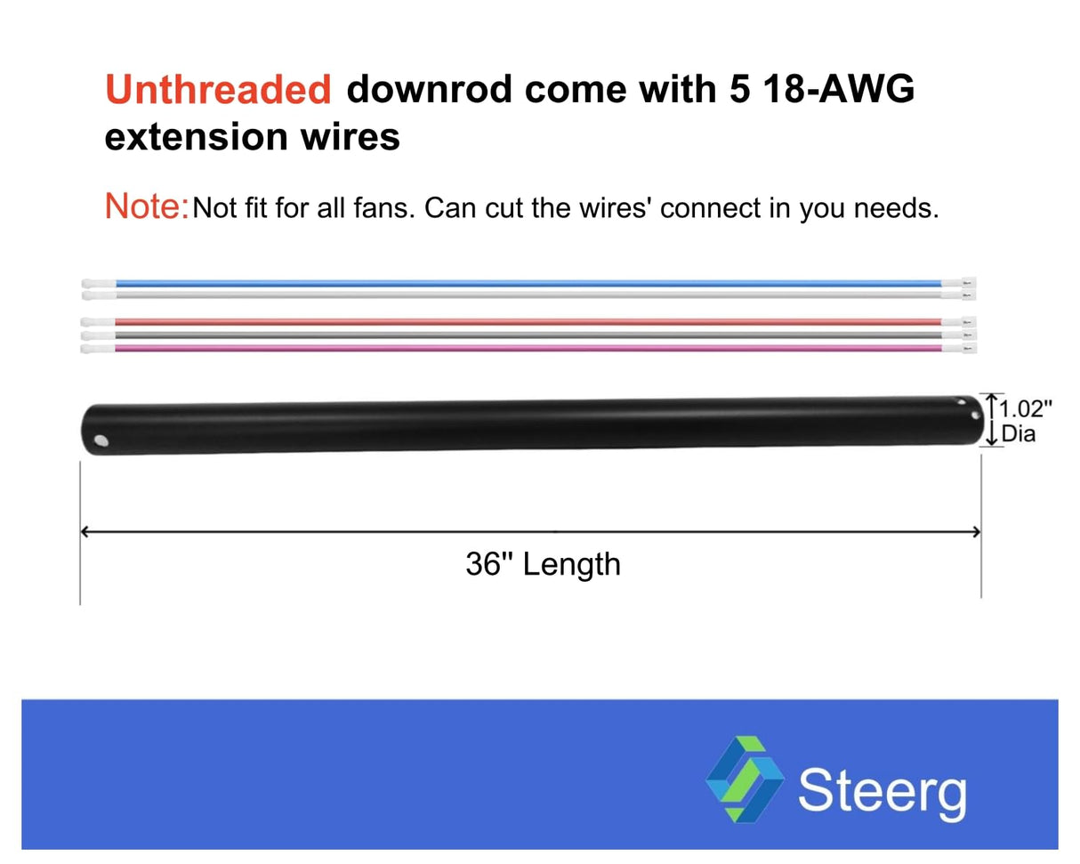 Steerg 36 inch Downrod included 5 20-AWG Extension Wire for Ceiling Fans Down Rod, Unthreaded, Dia 1.02'', Black Steerg