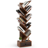OFFICEJOY 10-Tier Tree Bookshelf, Floor Standing Bookshelf with Drawer, Small Bookcase for CDs, Books, Magazines,Utility Organizer Shelves for Living Room, Study, Bedroom, Office, School, Brown OFFICEJOY