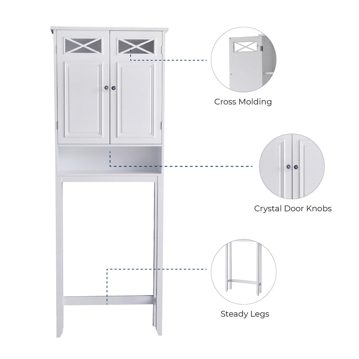 Teamson Home Dawson Wooden 2-Door Bathroom Etagere Over The Toilet Space Saver Cabinet with Interior Adjustable Shelf and Open Shelf, White with Chrome Knobs Teamson Home