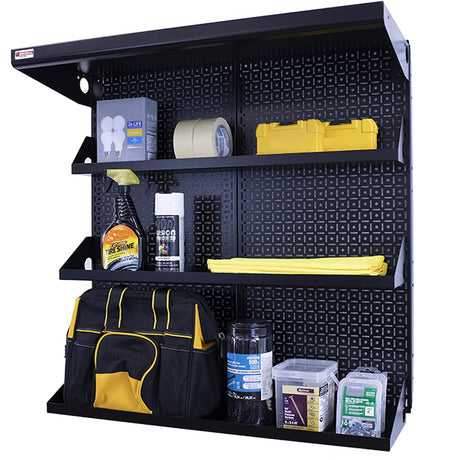 Metal Pegboard Shelving Organization System OmniWall Shelving Kit 32" x 32" Modular Pegboard- Panel Color: Black Accessory Color: Black OmniWall