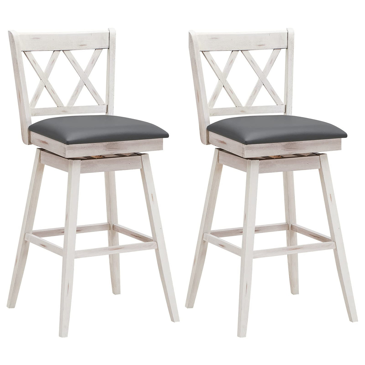 COSTWAY Bar Stool Set of 2, 360° Swivel Bar Height 29.5 inch Bar Stool with Foot Rest Upholstered Cushion & Ergonomic Backrest, Sturdy Frame, for Pub, Restaurant, Home (2, Antique White+ Grey) COSTWAY