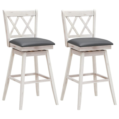COSTWAY Bar Stool Set of 2, 360° Swivel Bar Height 29.5 inch Bar Stool with Foot Rest Upholstered Cushion & Ergonomic Backrest, Sturdy Frame, for Pub, Restaurant, Home (2, Antique White+ Grey) COSTWAY