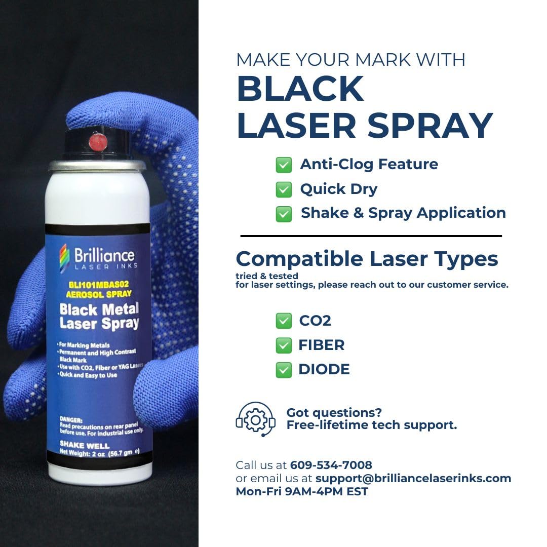 Brilliance Laser Inks 2 Oz Aerosol Black Laser Marking Spray for High Contrast Metal Marks | Permanent and Durable Metals Ink for Fiber, YAG, Diode, and CO2 Laser Engraver BRILLIANCE LASER INKS