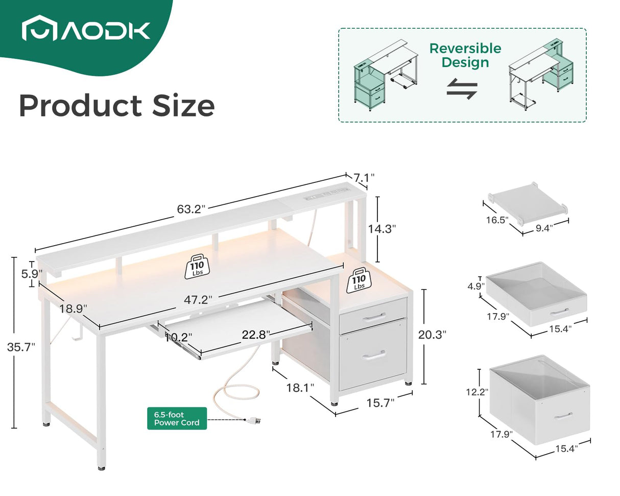 AODK 63" Computer Desk with Fabric File Cabinet and Drawer, Reversible Office Desk with Power Outlet and LED Light, Study Desk with Printer Stand, Keyboard Tray, Full Monitor Riser and PC Stand, White AODK