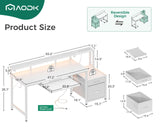 AODK 63" Computer Desk with Fabric File Cabinet and Drawer, Reversible Office Desk with Power Outlet and LED Light, Study Desk with Printer Stand, Keyboard Tray, Full Monitor Riser and PC Stand, White AODK