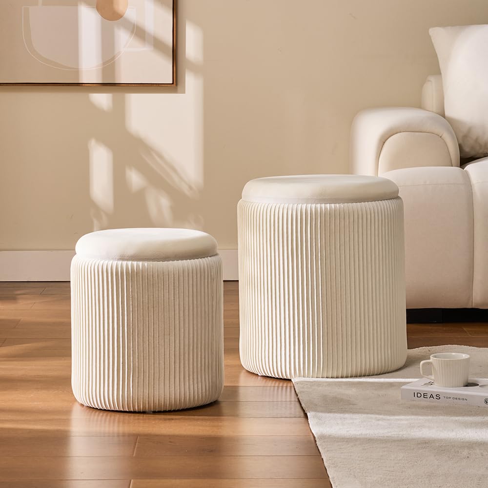 BLEXA Round Set of 2 Ottoman with Storage-Upholstered Velvet Vanity Stool for Makeup Multifunctional Ottomans Coffee Table Padded Seat Foot Rest for Living Room&Bedroom（White） BLEXA