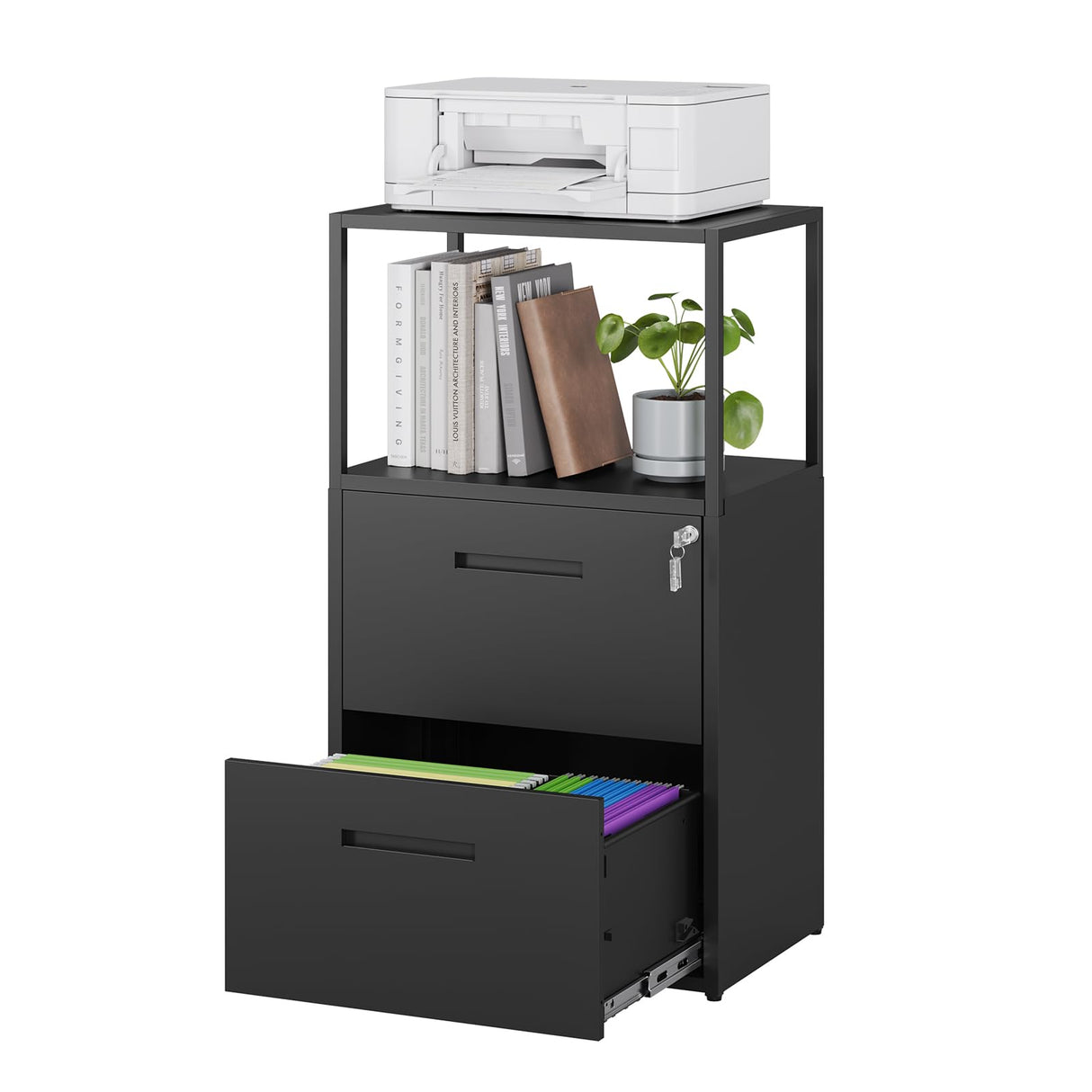 MIIIKO Office File Cabinet with 2 Drawers and Shelf, Metal Vertical Filing Cabinet with Lock, Lateral Two Drawers for Storage Letter/Legal Size File Folders, Top Shelf for Printer Stand MIIIKO