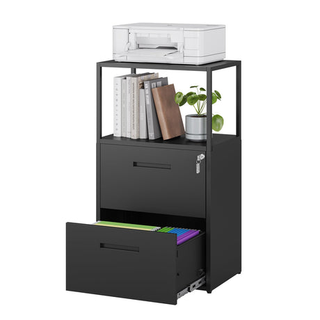 MIIIKO Office File Cabinet with 2 Drawers and Shelf, Metal Vertical Filing Cabinet with Lock, Lateral Two Drawers for Storage Letter/Legal Size File Folders, Top Shelf for Printer Stand MIIIKO