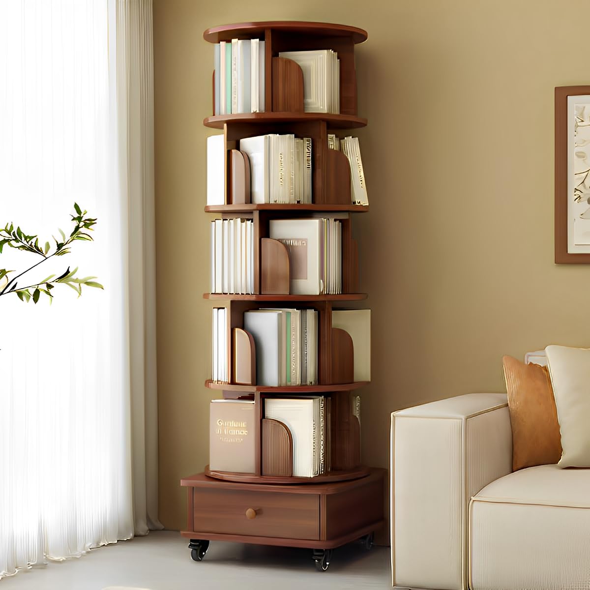 Rotating Bookshelf 6 Tier, 360° Spinning Bookshelf Tower with Lockable Wheels, Corner Shelf for Small Spaces, Kids Room, Living Room, Bedroom, Office Storage Solution, Walnut Revolving Bookcase VireoNest