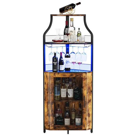 Tioutbot Corner Bar Cabinet with LED Light, Wine Bar Cabinet and Glass Holder, 5-Tiers Storage Space, Industrial Wine Rack for Small Space, Dining Room Tioutbot