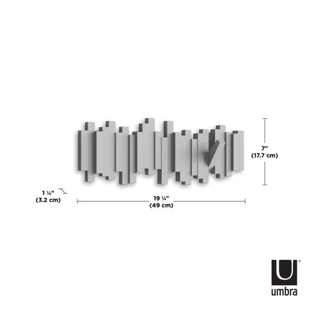 Umbra Sticks Wall-Mounted Coat Rack Rail Hook with 5 Retractable Pegs – Modern, Space-Saving Storage Organizer, Grey Umbra