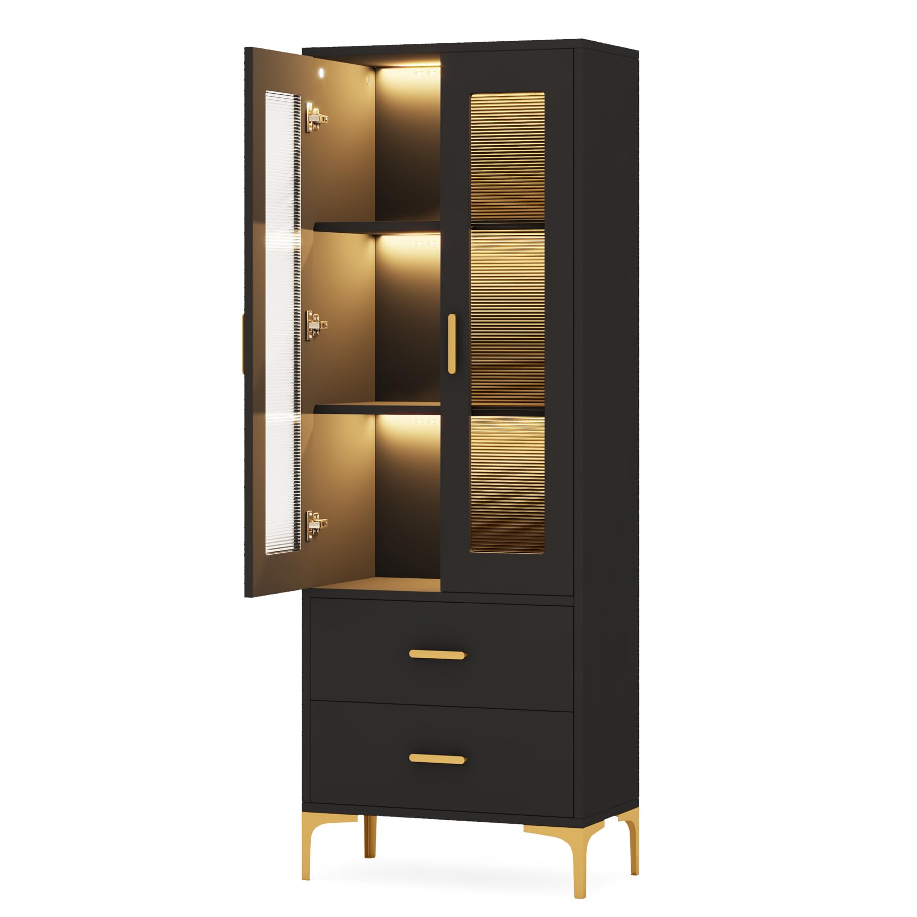 Tribesigns Tall Bookcase with LED Light and Storage Drawers - Stylish Black Freestanding Cabinet for Any Room - WoodArtSupply