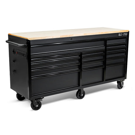 Olympia Tools 72 inch Heavy Duty Mobile Tool Chest Tool Box, with Solid Wood Top Workbench, 15-Drawer Rolling Tool Chest, Tool Storage Organizer for Garage, Workshop, and Home, Black Olympia Tools