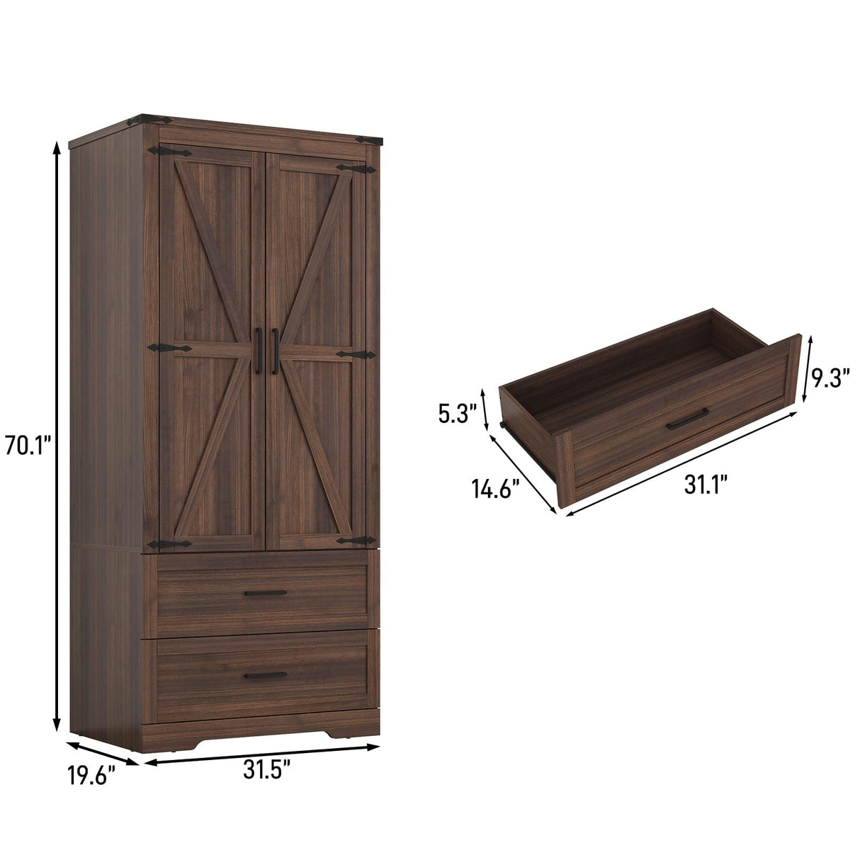 Hlivelood 2 Doors Wardrobe Armoire Closet with Doors and Drawers, Farmhouse Wooden Armoire Storage Cabinet with Shelves & Hanging Rod for Bedroom, Brown Hlivelood