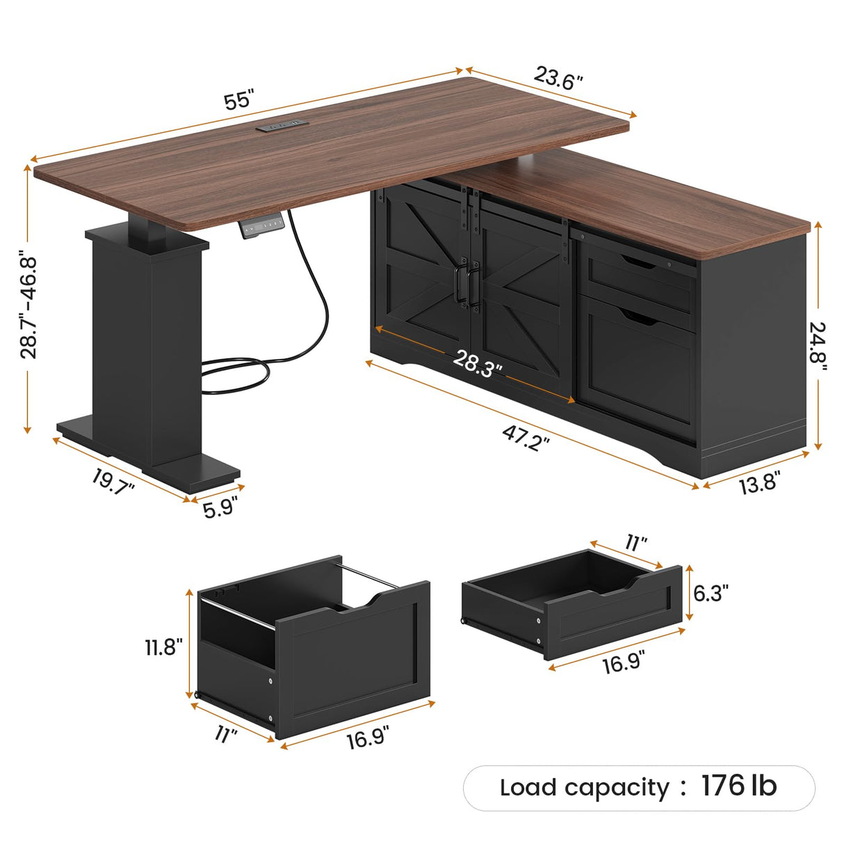 SEDETA Farmhouse L Shaped Standing Desk, 55 inch Height Adjustable Corner Desk with Storage Drawers, Standing Computer Desks with Power Outlets for Home Office, Black SEDETA