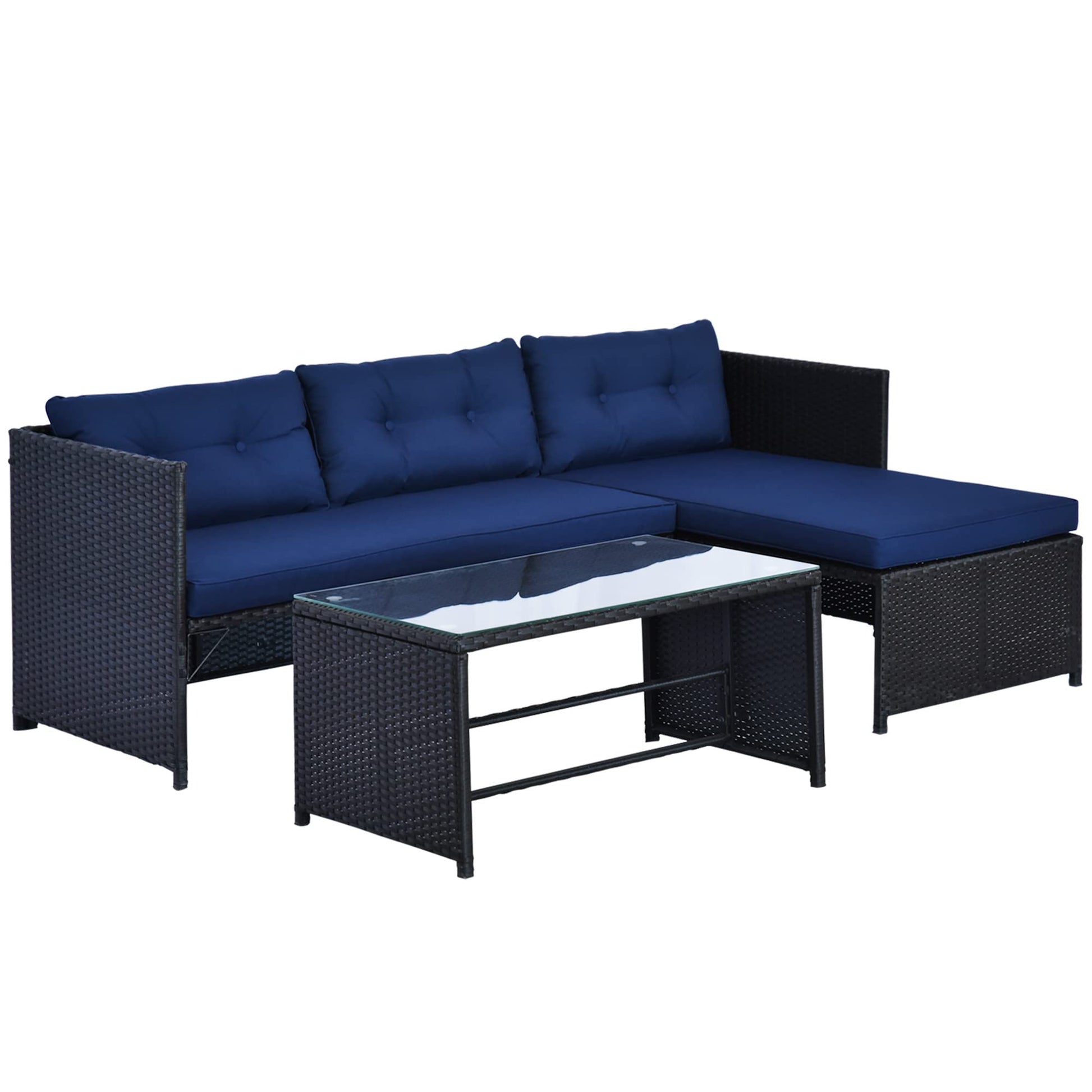 Outsunny 3 Piece Patio Furniture Set, Rattan Outdoor Sofa Set with Chaise Lounge & Loveseat, Soft Cushions, Tempered Glass Table, L-Shaped Sectional Couch, Blue - WoodArtSupply