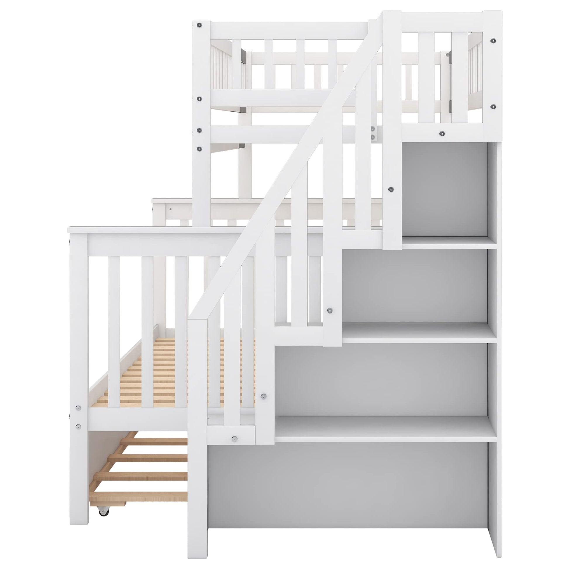 CITYLIGHT White Twin Over Full Bunk Bed with Trundle and Storage Stairway - WoodArtSupply