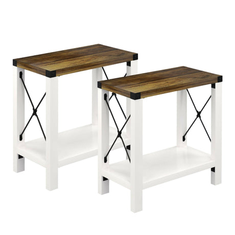 GAZHOME Farmhouse End Table for Small Spaces, Set of 2,Narrow Side End Table with Storage Shelf, Rustic X-Design Nightstand Sofa Table for Living Room, Bedroom White GAZHOME