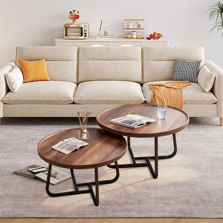 Windpost Round Nesting Coffee Table Set of 2, 28" Round Walnut with Fluted,Mid Century Modern,Center for Living Room Bedroom Office Balcony Yard Windpost