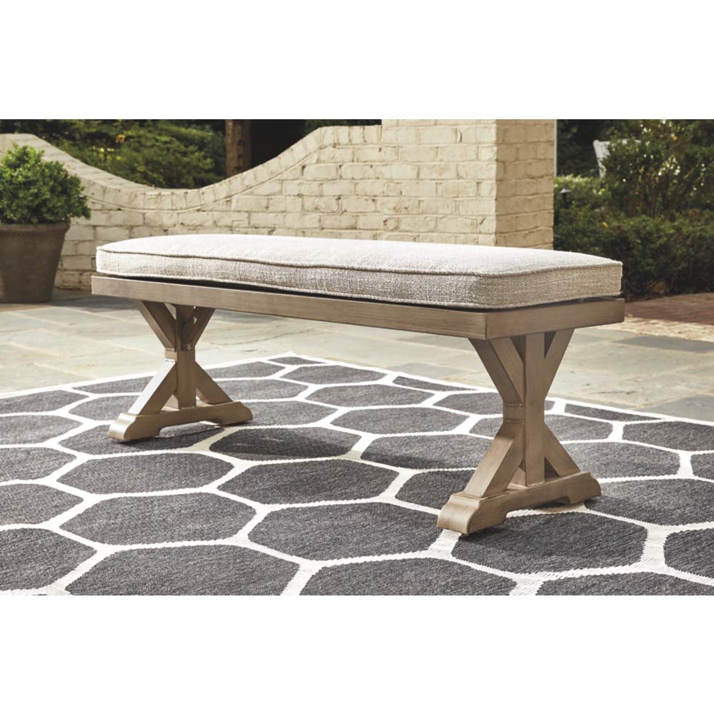Signature Design by Ashley Beachcroft Patio Farmhouse Outdoor Upholstered Dining Bench, Beige Signature Design by Ashley
