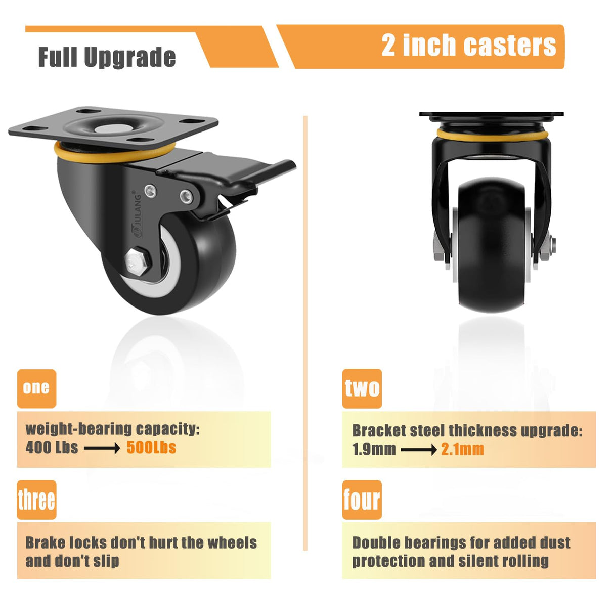 JULANG 2 Inch Locking Caster Wheels Set of 4 Heavy Duty, Thickened and Improved Swivel Plate Castors for Furniture, Carts, Garden Potting Tables, Workbenches DIY Julang