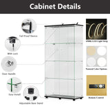 Modern 4-Tier Glass Display Shelf with 2 Doors, Curio Cabinet Collection - Floor Standing Display Case for Living Room, Bedroom, Home Office - 30" W x 14.5" D x 64" H (Black with LED Light Strip) Zacis