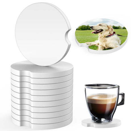 Sublimation Blanks Car Coasters, 12pcs Absorbent Ceramic Car Cupholder Coasters with A Finger Notch for Easy Removal, Keep Vehicle Free from Cold Drink Sweat, Stain and Spill Valyria