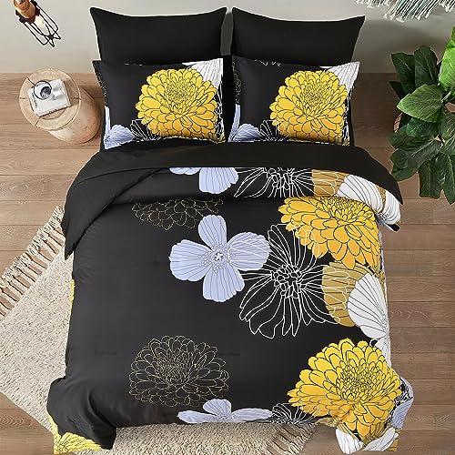 Black Yellow Comforter Set Full,Floral Bed in a Bag Comforter for All Season,7 Pieces(1 Comforter 1 Flat Sheet 1 Fitted Sheet 2 Pillowshams and 2 Pillowcases),Soft Microfiber Bedding Set 90" x78” Yiran