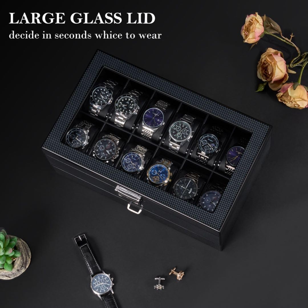BEWISHOME Watch Case for Men with Drawer Glossy Watch Box Organizer Glass Lid and Paint Surface Men’s Jewelry Organizer 12 Slot Watch Holder Display Case Men Gifts SSH02A BEWISHOME