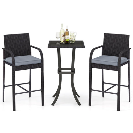 Tangkula 3-Piece Patio Wicker Bar Set, Rattan Bar Height Chairs & Square Table w/Heavy-Duty Metal Frame, Armrests & Footrest, Cushioned Outdoor Bistro Furniture for Balcony, Backyard (Black) Tangkula