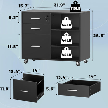 Furmax Lateral Mobile File Cabinet with 3 Drawers, Printer Stand, Wood Filing Cabinet Adjustable Open Storage Shelves, Wheels Casters and Lock, Home Office