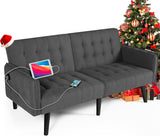 TYBOATLE 65“ Convertible Futon Sofa Bed w/ 2 USB, Upholstered Tufted Small Adjustable Folding Couch Loveseat, Modern Mid Century Sleeper Sofa for Living Room, Bedroom, Apartment, Office (Dark Grey) TYBOATLE