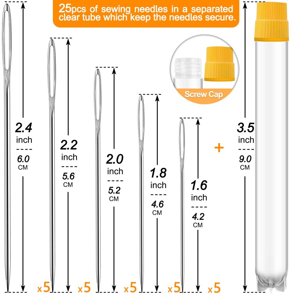 Premium Large Eye, Large Gauge Needles for Hand Sewing - Assorted Sizes, Including Embroidery - 25/50 PCs with 2 Threaders JollMono