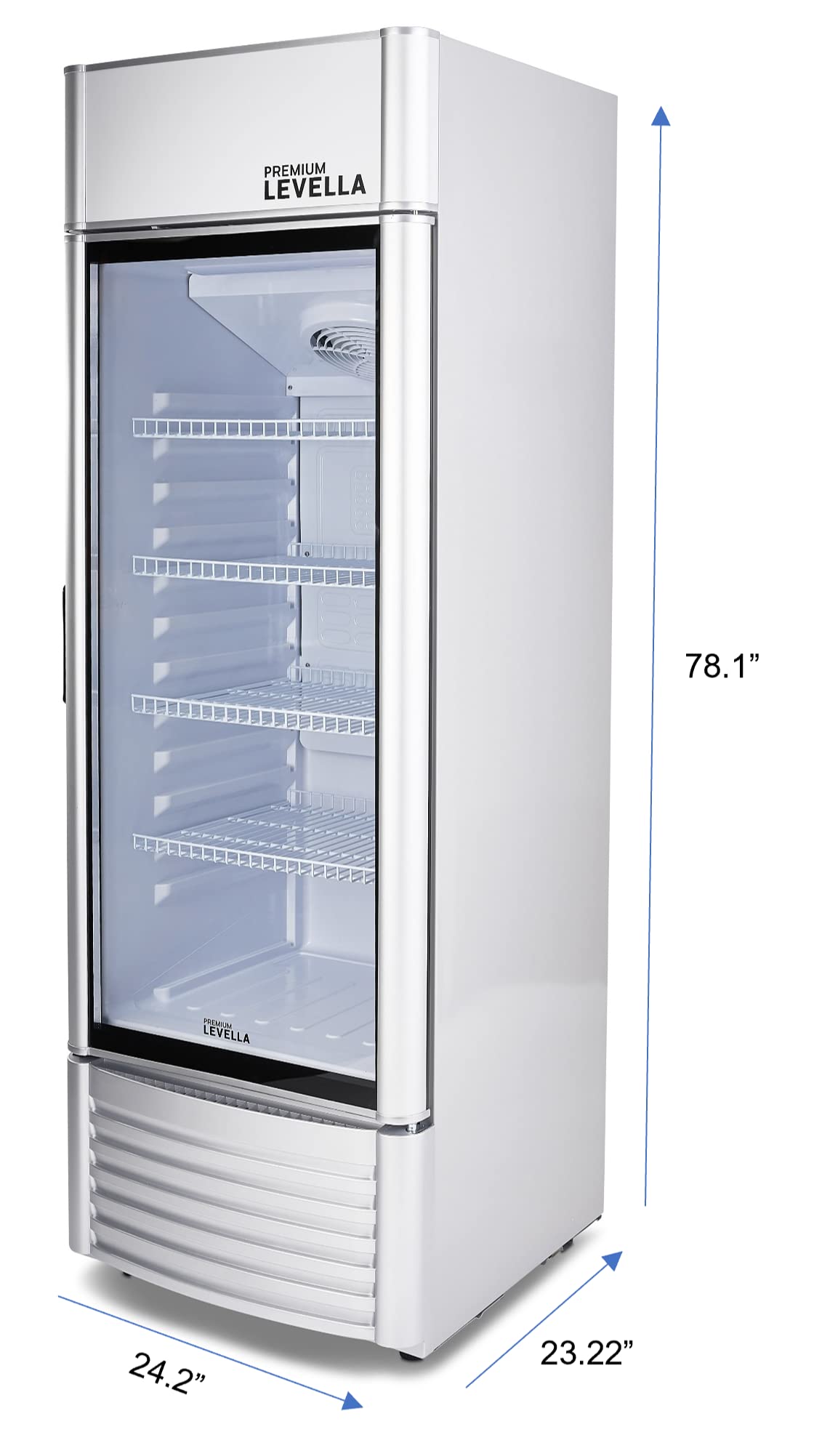 PremiumLevella PRF125DX Glass Door Display Refrigerator 12.5 cu ft Commercial Beverage Cooler Merchandiser With Customizable Lightbox - Silver PremiumLevella