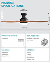 Frstem Leah 52" Flush Mount Solid Wood Ceiling Fan with Light & Remote Control, Low Profile/3 Blades/6-speed/Timer/3 CCT/Quiet DC Motor Ceiling Fan Light Fixture, for Kitchen Bedroom Living Room Frstem