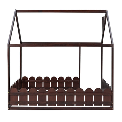 Harper & Bright Designs Montessori Full Size House Bed with Fence-Shaped Guardrails for Kids - Espresso - WoodArtSupply