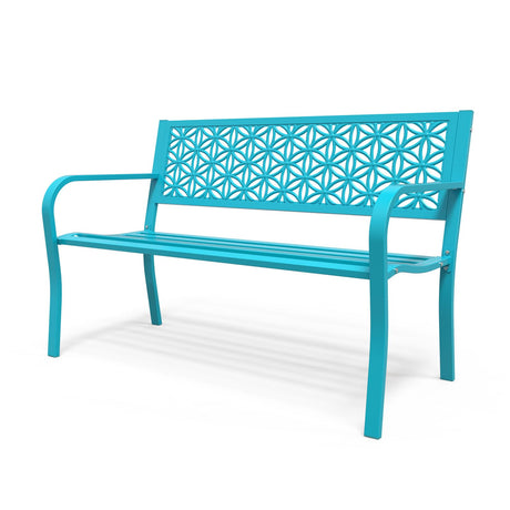 VINGLI 50" Outdoor Bench Metal with Floral Back, Garden Bench Front Porch Benches for Yard Patio Entryway Park, 800lb Capacity - Blue VINGLI