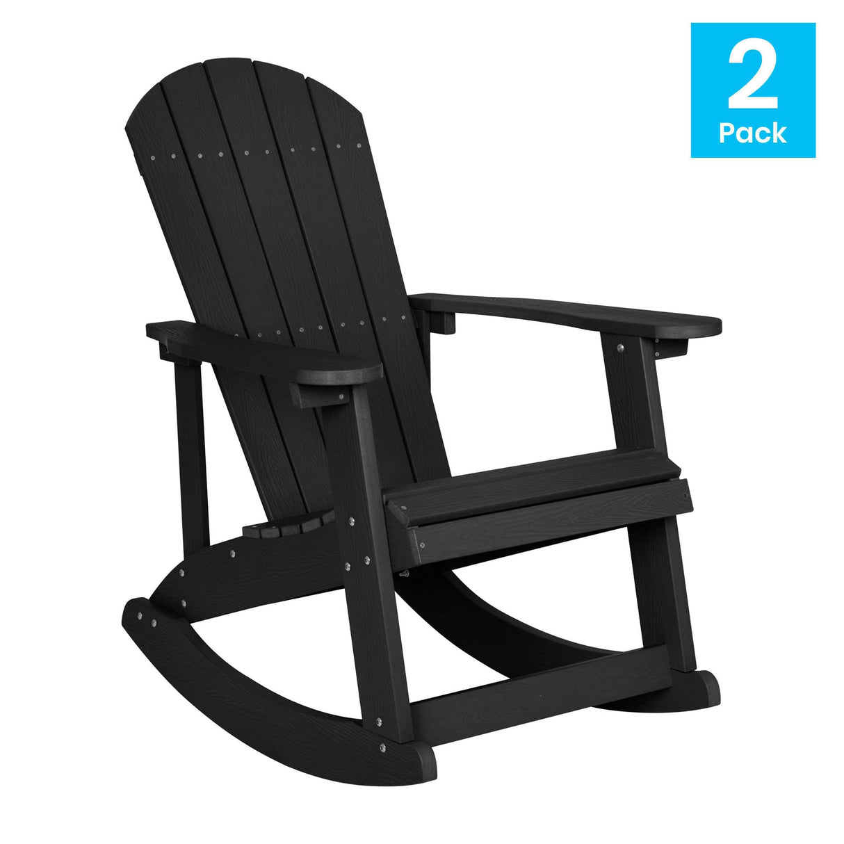 Flash Furniture Savannah Poly Resin Wood Adirondack Rocking Chair - All Weather Black Polystyrene - Stainless Steel Hardware - Set of 2 Flash Furniture