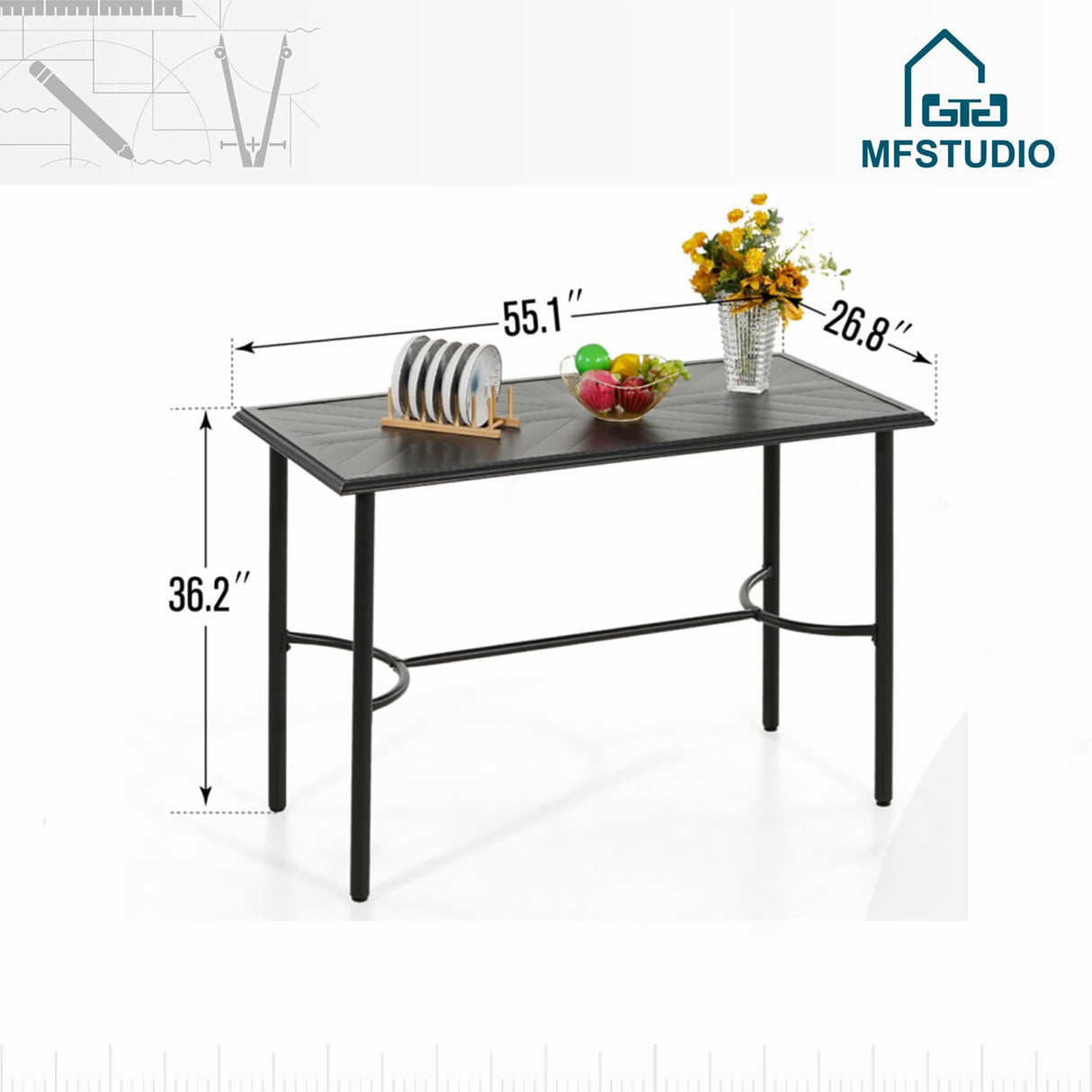 MFSTUDIO 36.2” Patio Counter Height Bar Table, with Rectangular Heavy Duty Metal Table Top for 4, All Weather Resistant Outdoor Table, Black MFSTUDIO