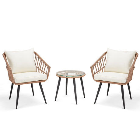 ECOTOUGE 3 Pieces Wicker Patio Bistro Set, Patio Rattan Dining Set with Glass Top Table and Cushions, Outdoor Conversation Furniture Set for Porch, Backyard and Garden (Beige) ECOTOUGE