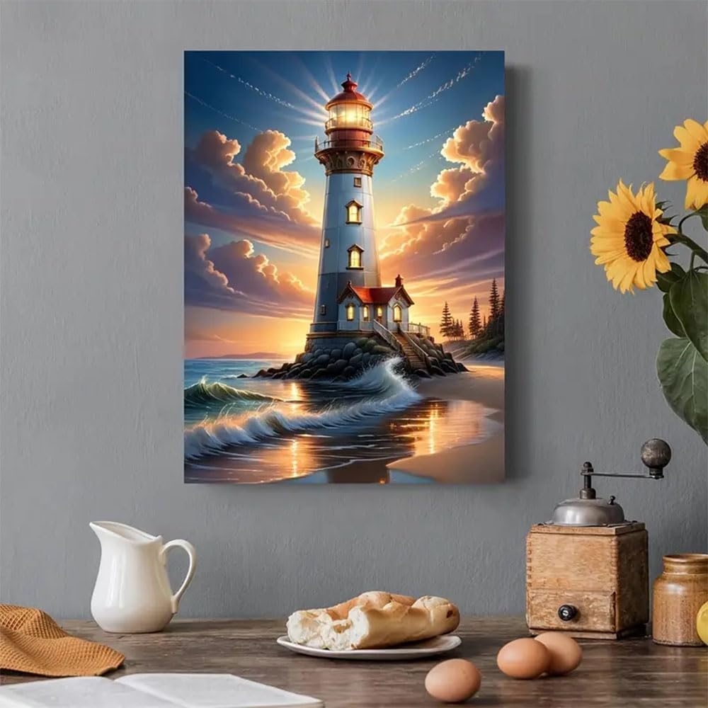 Diosedyer Lighthouse Sunset Diamond Painting Kit 5D DIY Diamond Painting Kit Full Round Ideal for Christmas & Halloween Decor, Perfect for Bedroom, Living Room Wall Art 11.8x15.7inch Diosedyer