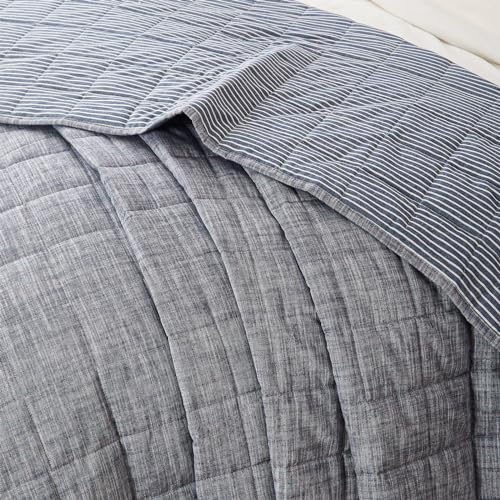 softpage Navy Quilts Queen Size， Cotton Bedspreads Queen Size，3-Pieces Queen Quilt Set with Blue Stripe Bedding Coverlet Light Weight Quilted Blanket with 2 Pillow Shams softpage