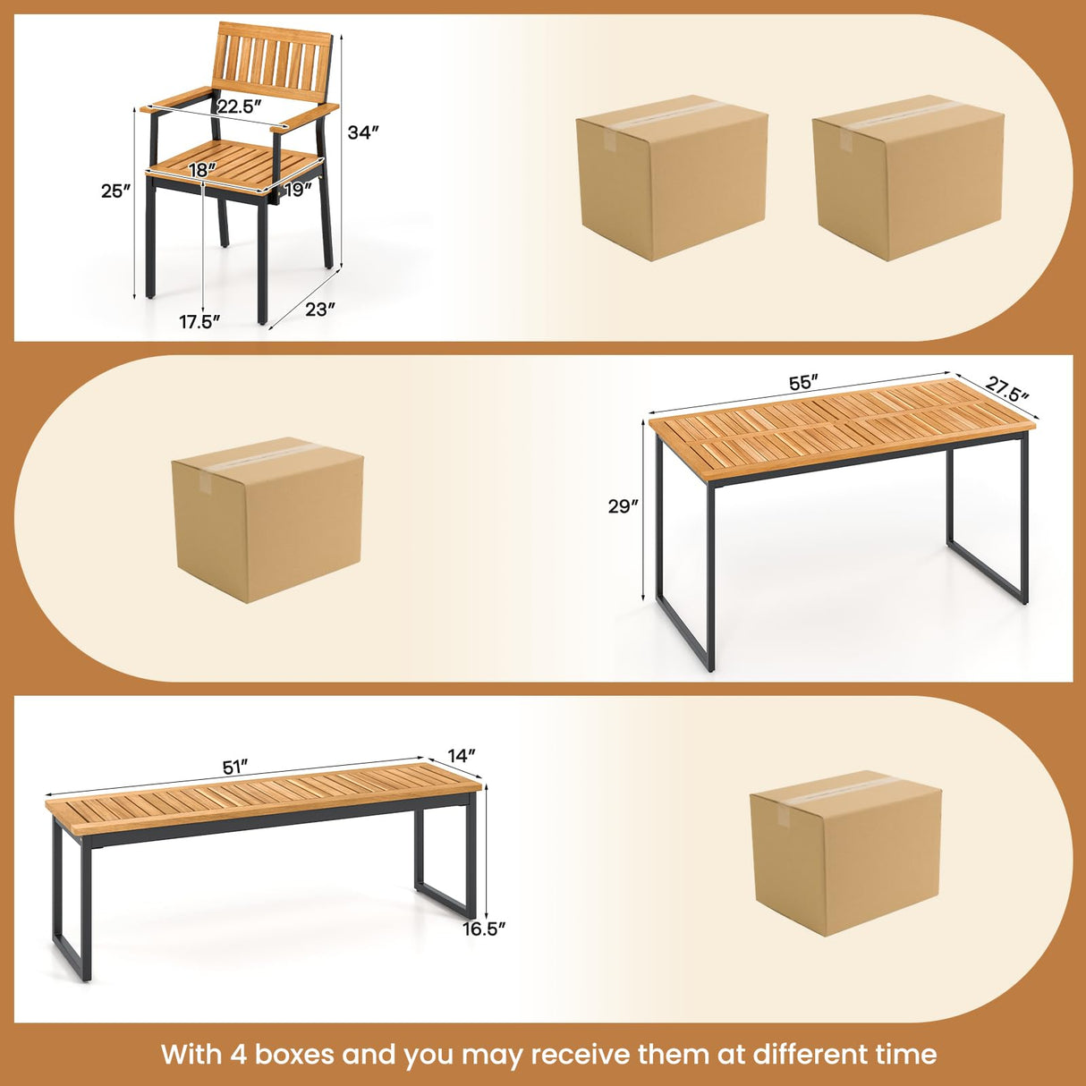 Tangkula 6 Pieces Outdoor Acacia Wood Dining Set, Patio Table and Chairs Set with Bench for 6-7 People, Outdoor Dining Furniture Set with 2" Umbrella Hole for Garden, Backyard and Poolside Tangkula