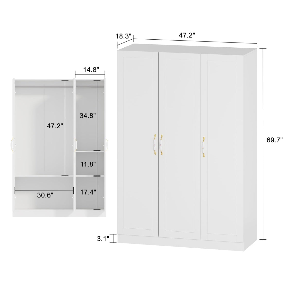 Homsee White Wardrobe Armoire Wooden Closet with 3 Doors, 5 Storage Compartments, 2 Hanging Rods & Decorative Handles for Bedroom Homsee