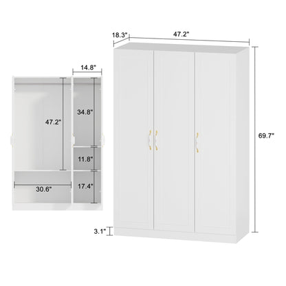 Homsee White Wardrobe Armoire Wooden Closet with 3 Doors, 5 Storage Compartments, 2 Hanging Rods & Decorative Handles for Bedroom - WoodArtSupply